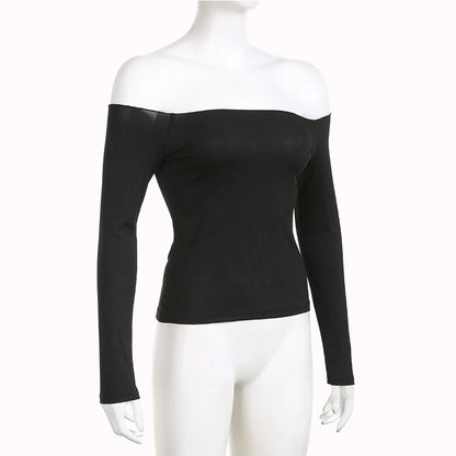 Black Solid Slash Neck Elegant Long Sleeve Tops Korean Fashion Slim Sexy Cropped T Shirt Women Fall Clothing