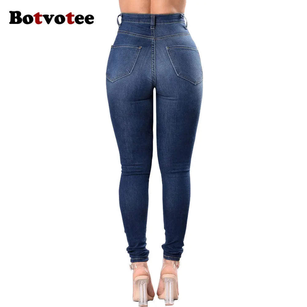 Botvotee Ripped Skinny High Waisted Pencil Jeans for Women Casual Y2K Streetwear Denim Pants Dark Blue Elastic Jeans Woman - Badiee Stylez
