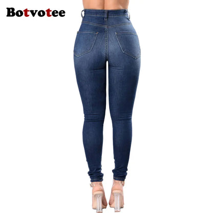 Botvotee Ripped Skinny High Waisted Pencil Jeans for Women Casual Y2K Streetwear Denim Pants Dark Blue Elastic Jeans Woman - Badiee Stylez