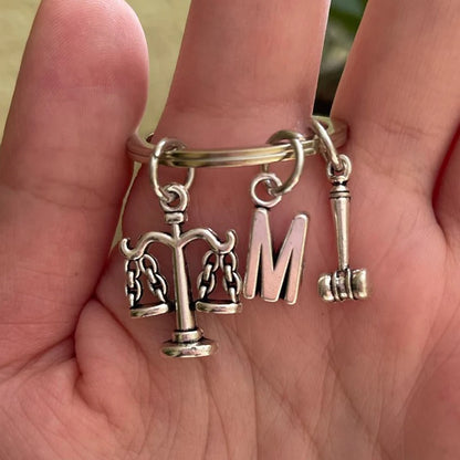 Lawyer Keychain,Scales of Justice Keychain, Judge justice hammer keychain ,Law Student Gift, A-Z Initial Keychain