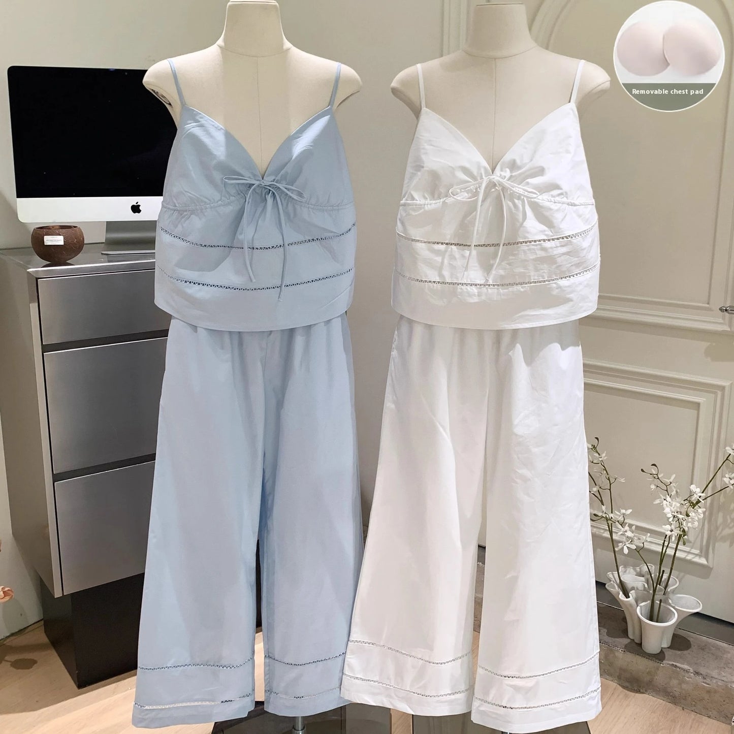 Women's Sexy Pajamas Set V-Neck Strap Suit Elegant Minimalist Faux Cotton Bow Sleeveless Top Long Pants Sleepwear Bra Pads