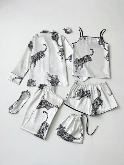 Luxurious women's starry sky print, leopard print satin pajama set, including pocket collar top, pants, shorts, adjustable shoul