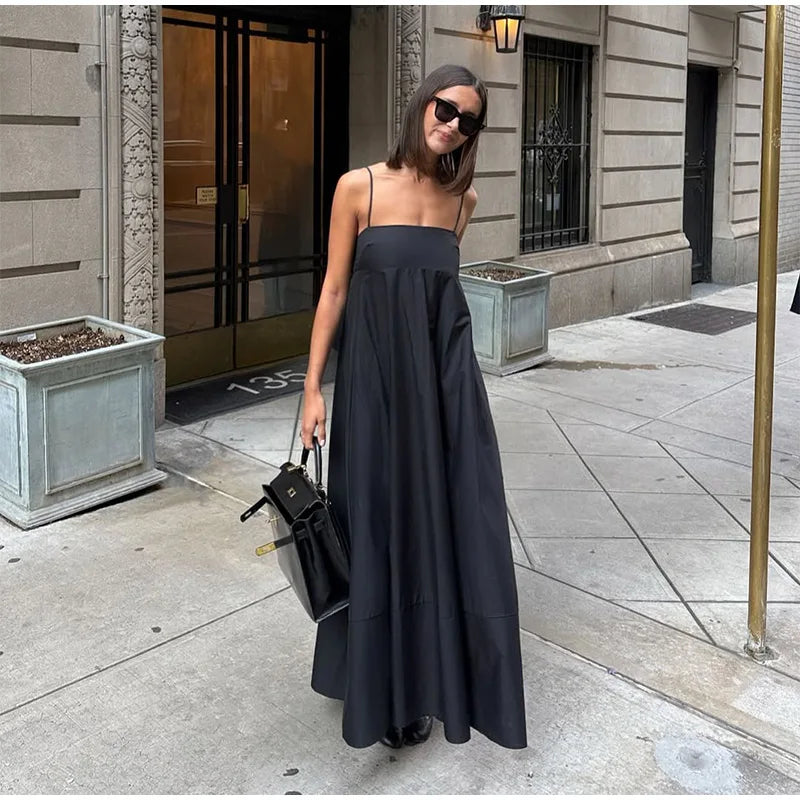 Solid Backless Spaghetti Strap Dress Women's Fashion Loose High Waist A-line Vestidos Summer Lady Holiday Street Robes 2025 New