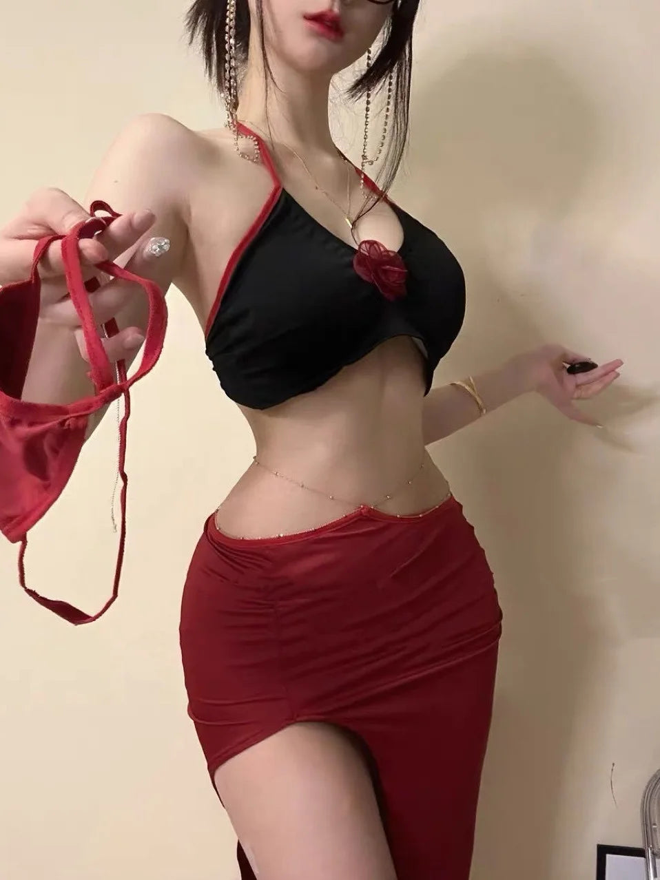 Red Rose Hanging Neck Top Split Long Dress Off The Waist Gold Chain Ring Waist Anchor Leading Dance Dress Tie Two Piece Set H80Z