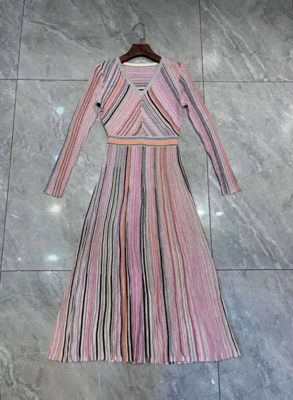 QMQA Fashion Women's Gradient Stripes Design Dresses V Neck High Waist Long Sleeve Elegant Party Dress Female Spring New 1A116 Badiee Stylez