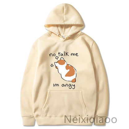 Plus Size No Talk Me I'm Angy Cartoon Cat Prints Hoody Women Men Casual Hoodies Harajuku Autumn Winter Boy And Girl Pullover jit1014b-khaki