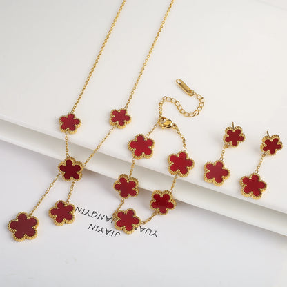 3Pcs Stainless Steel Hot Selling Gold Plated Clover Necklace Earrings Bracelet Jewelry Set Five Leaf Flower Jewelry For Women Jewelry Set 12
