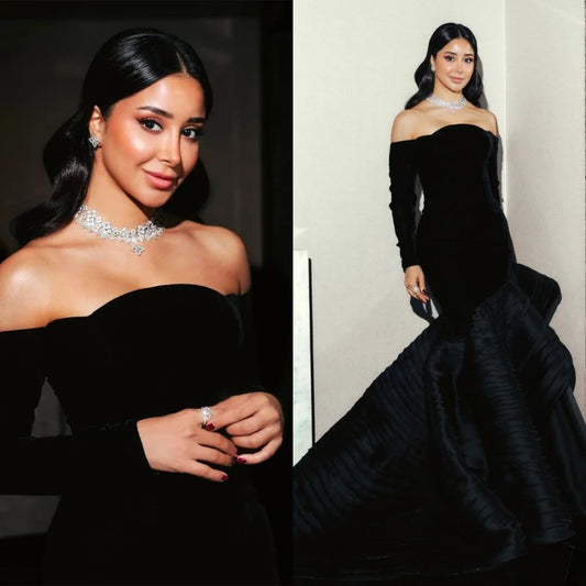 Customized Luxury Black Evening Dresses Graceful Strapless Long Sleeves Celebrity Gowns Exquisite Special Occasion Gowns Badiee Stylez