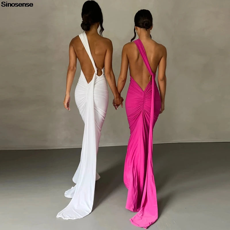Womens Elegant Evening Party Cocktail Long Dress Sexy Backless Open Back Ruched Slim Bodycon Formal Wedding Guest Maxi Dress Badiee Stylez