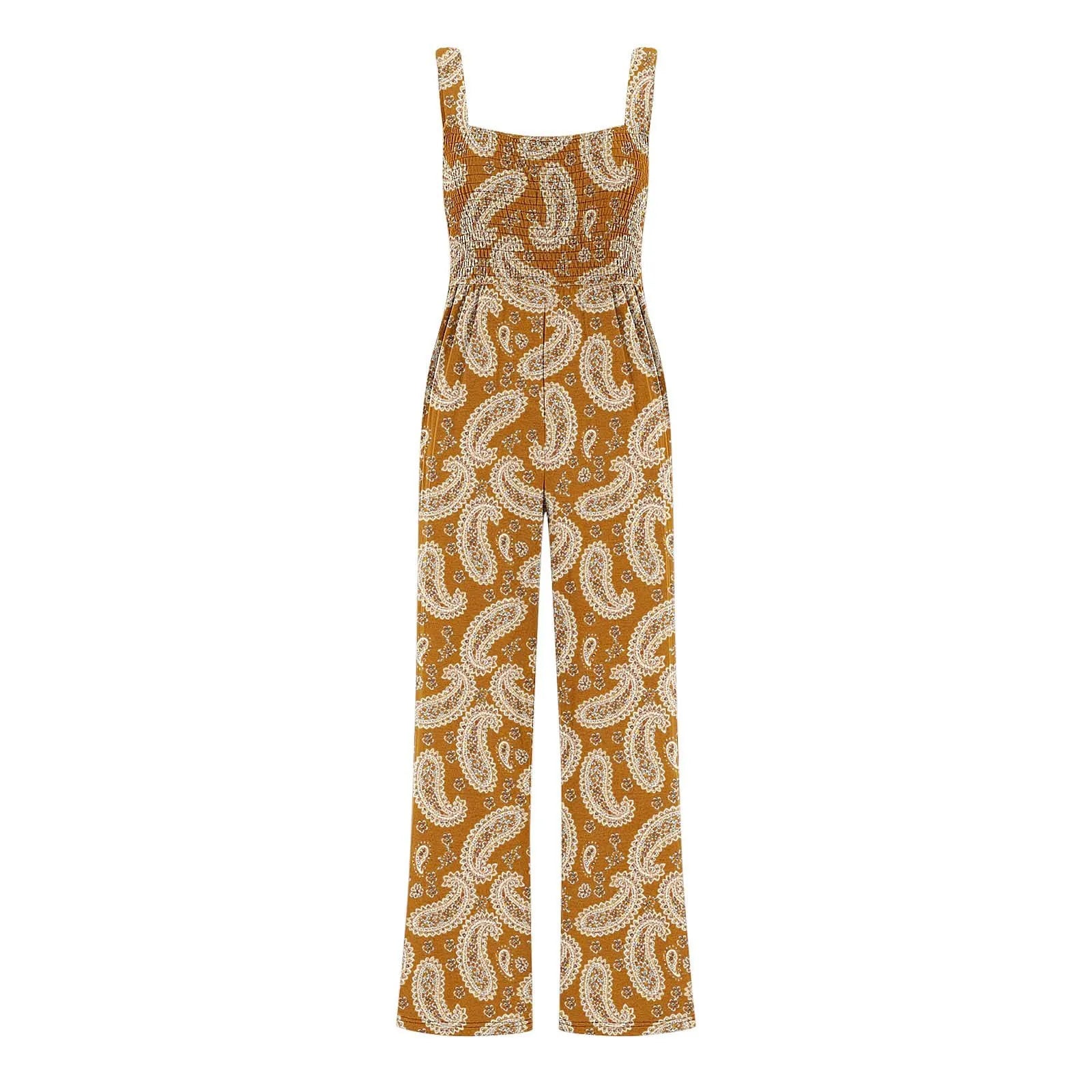 Women'S Suspender Jumpsuits Fashion Trend Pleated Shoulder Straps Printed Pocket Loose Wide Leg Jumpsuits Daily Casual All-Match