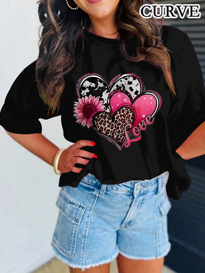Plus - Size White Round Neck T - Shirt with Heart - Flower - themed Print: Sweet - patterned and Fashion - casual black