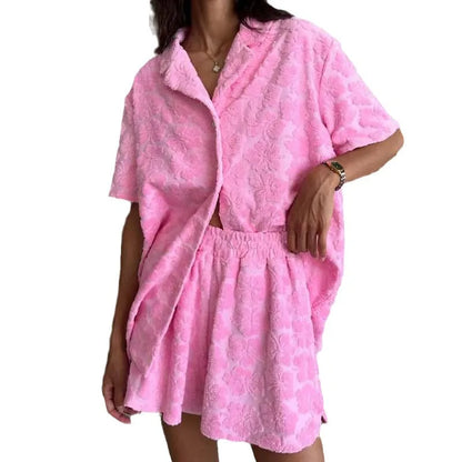 2025 Women's Soft 2PCS Pajama Sets Pink Color Loose Suit Elegant Sleepwear Sets Casual Lapel Short Sleeve Shirt + Shorts Outfits