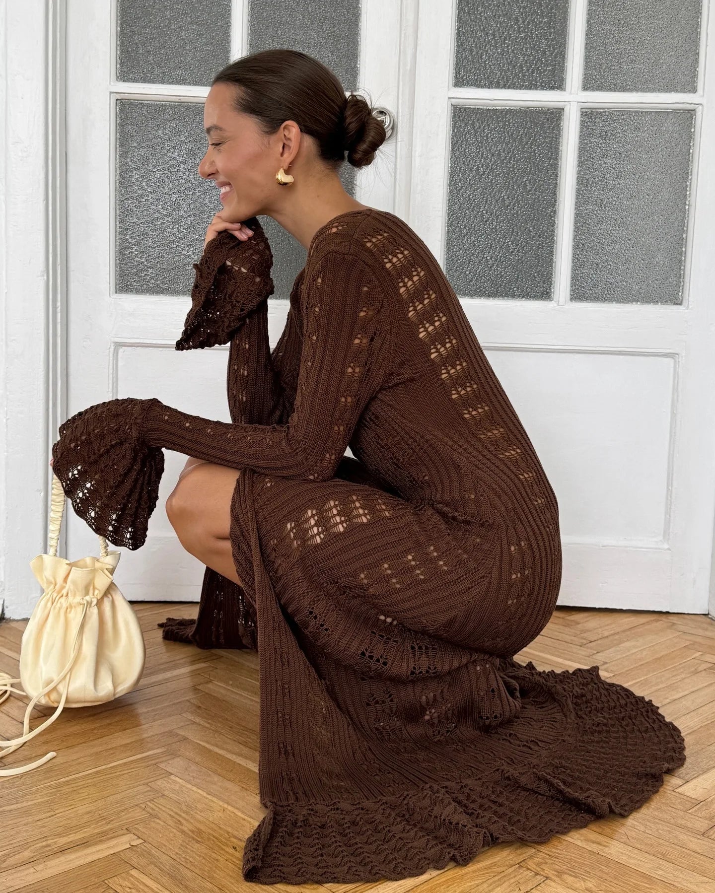 DSMTRC 2025 Holiday Knitted See-throught Cardigan Dress V Neck Long Flare Sleeves Leisure Long Trendy Single Breasted Autumn