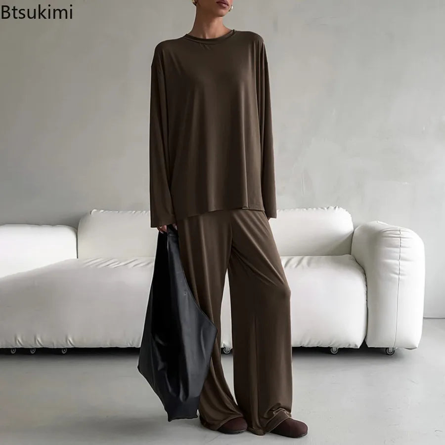 New 2025 Brown Loose Female Sleepwear Suit O-Neck Nightgowns Long Sleeve Nightwear Wide Leg Pants Women's Pajamas 2 Piece Set
