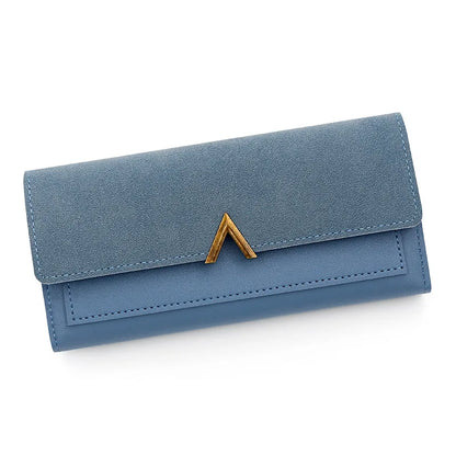 New Korean version women's wallet long V-shaped buckle three fold wallet for women, hand-held bag, change card bag Blue