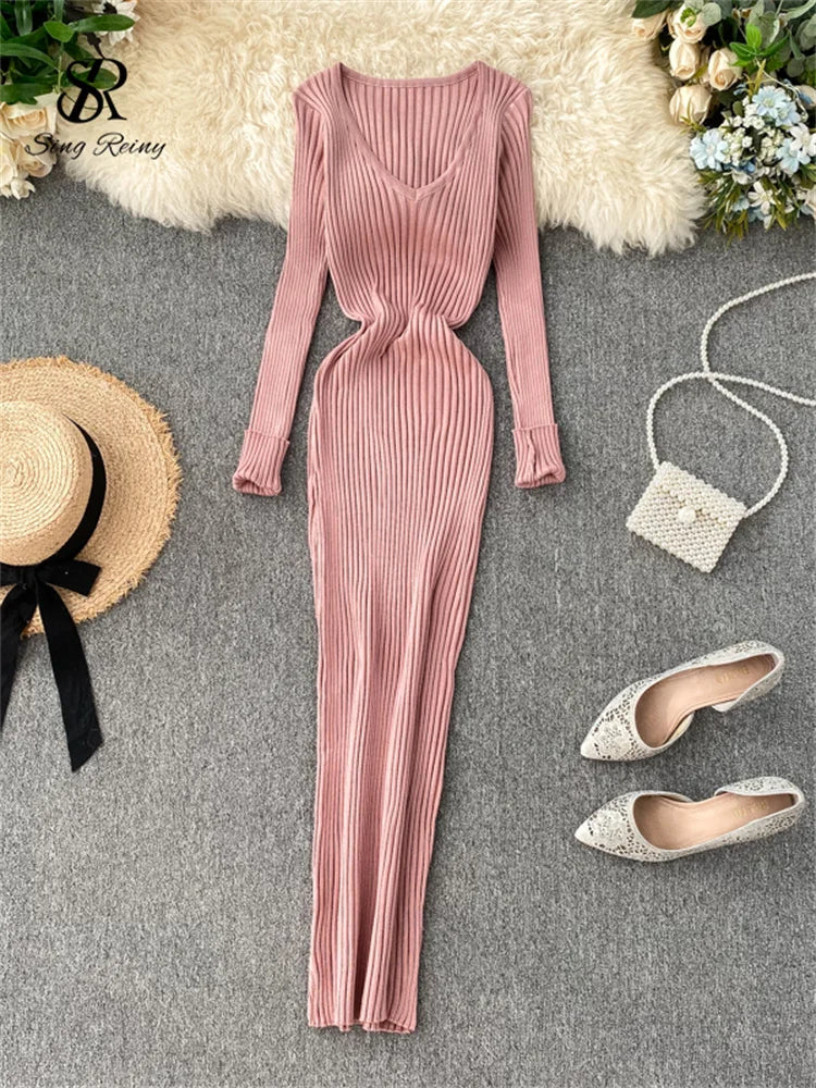 SINGRAIN Women Autumn Knitted Dress V Neck Sexy Slim Elastic Oversized Basic Bodycon Long Dress Winter knit Warm Sweater Dresses Pink One Size