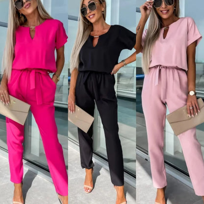 Jumpsuit Women 2023 Solid Color Short Sleeve V-neck Pocket Lace-up Pencil Long Pants Jumpsuits Summer Outfits Bodysuits Badiee Stylez