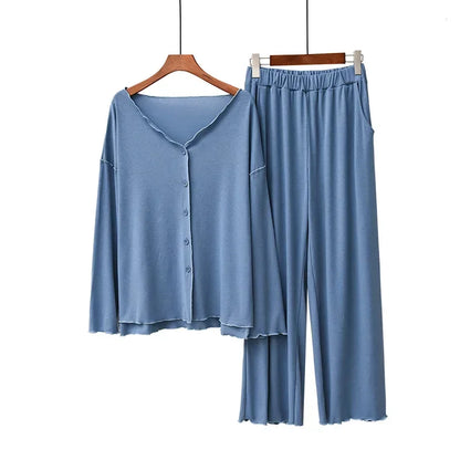 Japanese new style cotton pajamas suit ladies spring and autumn cardigan solid color long-sleeved trousers home service suit Lake Blue One Size