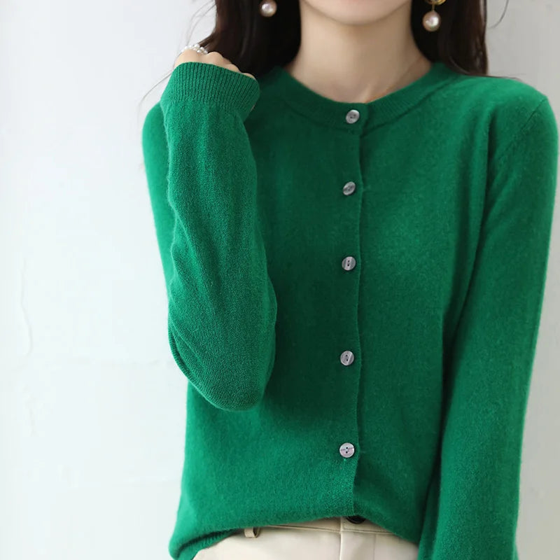 Knitted Cardigan Women's Sweater Autumn And Winter 2022 New Solid Color Coat Round Neck Short Long Sleeve Loose Korean Fashion green CHINA