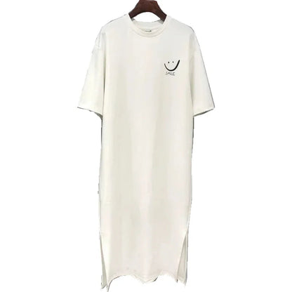 Summer Versatile Academy Style Short Sleeve Loose Korean Print Split Medium Length Dress T-shirt Women Casual Comfortable Style Badiee Stylez
