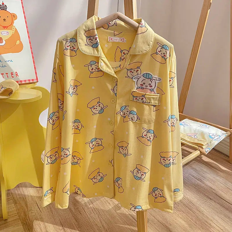 Kawaii Chiikawa Anime Pajamas Cartoon Usagi Hachiware Cute Girls Long Sleeves Long Pants Spring Autumn Student Home Clothes Set