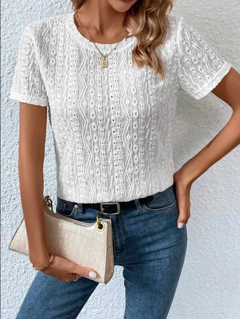 Summer Solid Short Sleeve Hollow Out Casual Shirt Women Fashion White Tops Blouse Sexys Mujer Blusas Elegantes Finas Para Mujer