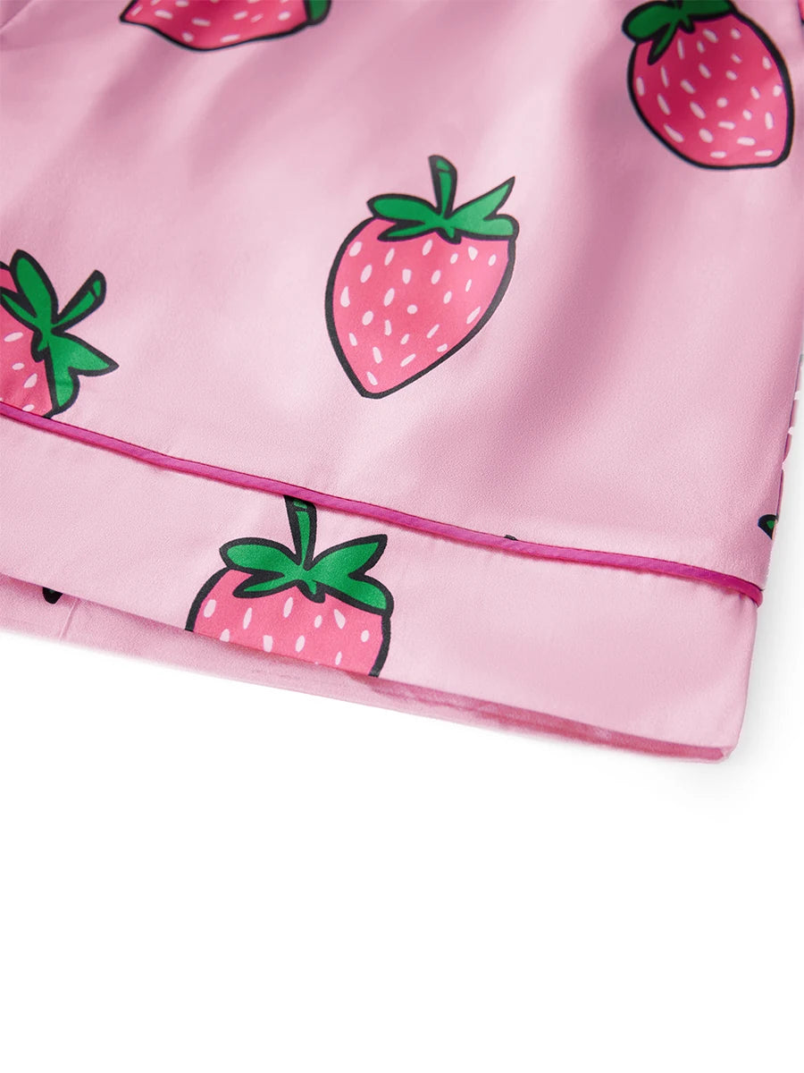 Women's 2 Piece Lounge Set Long Sleeve Lapel Strawberry/Bow Print Button Up Tops Shorts Sleepwear Sets