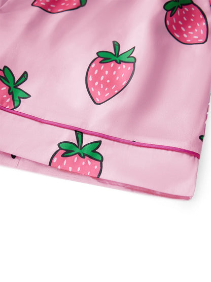 Women's 2 Piece Lounge Set Long Sleeve Lapel Strawberry/Bow Print Button Up Tops Shorts Sleepwear Sets