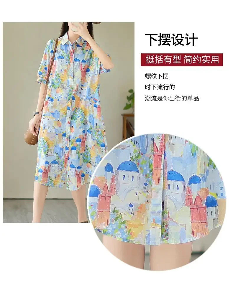 Fashionable Cartoon Printed Short-sleeved Shirt Skirt for Women in Summer Loose Dress