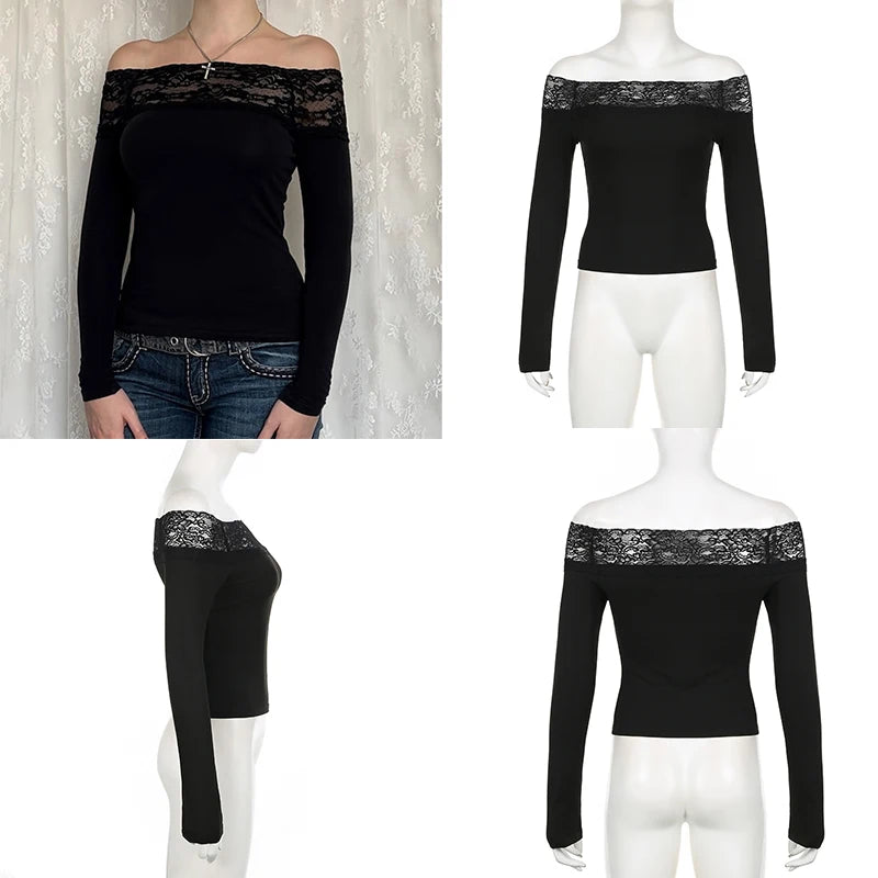 Cuteandpsycho Lace Patchwork Solid Slim Tee Shirts Long Sleeves V-neck Aesthetic Fashion Clothes Vintage Streetwear Black Tops