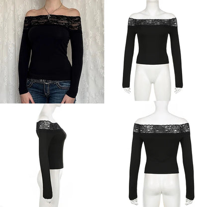 Cuteandpsycho Lace Patchwork Solid Slim Tee Shirts Long Sleeves V-neck Aesthetic Fashion Clothes Vintage Streetwear Black Tops
