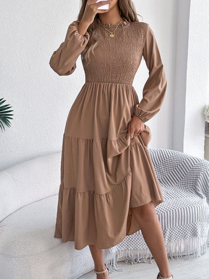 Autumn Winter Elegant Dresses for Woman Solid Color Round Neck Long Sleeve Ruffled Dresses Khaki Green Red