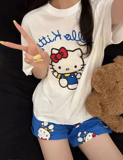Hello Kitty Summer White & Blue Pajama Set Women's Short Sleeve Shorts with Lace Accents Soft Breathable Loungewear Home Comfort