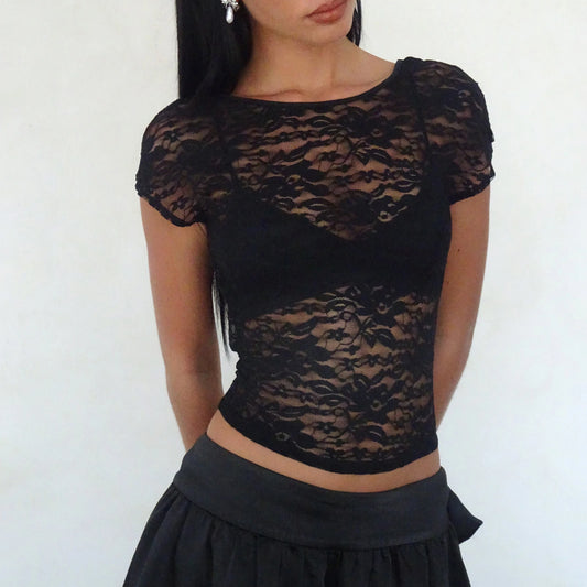 Combhasaki Women's Y2K Vintage Sheer Floral Lace See-through Tops Fashion Short Sleeve Open Back Slim Fit Summer T-Shirts