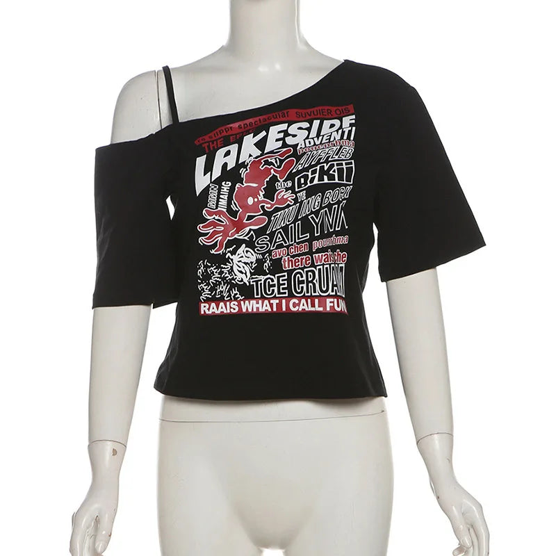 Gothic Tee Y2k Letter Print Off Shoulder Punk T-shirts Women Harajuku Summer Streetwear Grunge T Shirt Aesthetic Sexy Crop Tops