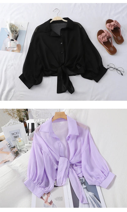 Casual Loose Hollow White Clothes Elegant Solid Color Tied Waist Blouse Women Summer Bat Half Sleeve Button Chiffon Shirt 9776