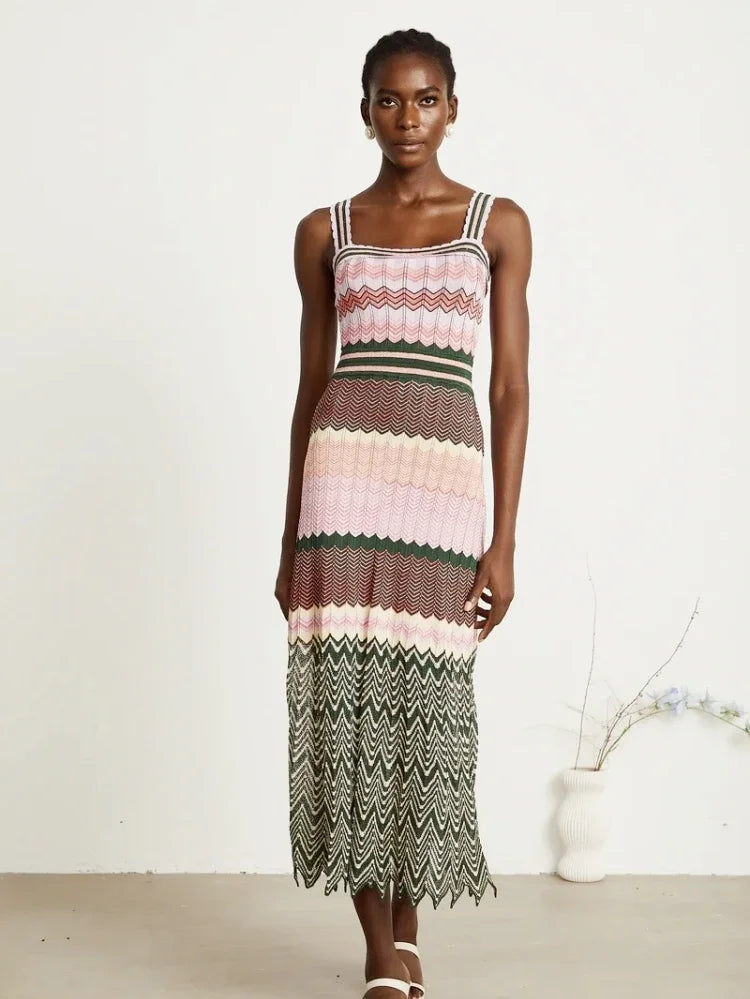 Luxury Brand Design Knitted Zigzag High Elasticity Color Sleeveless Long Maxi Dress Women Arab Africa Popular Boho Lady Skirt Badiee Stylez