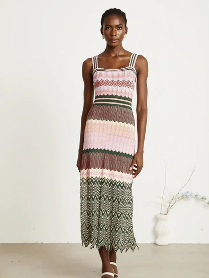 Luxury Brand Design Knitted Zigzag High Elasticity Color Sleeveless Long Maxi Dress Women Arab Africa Popular Boho Lady Skirt Badiee Stylez