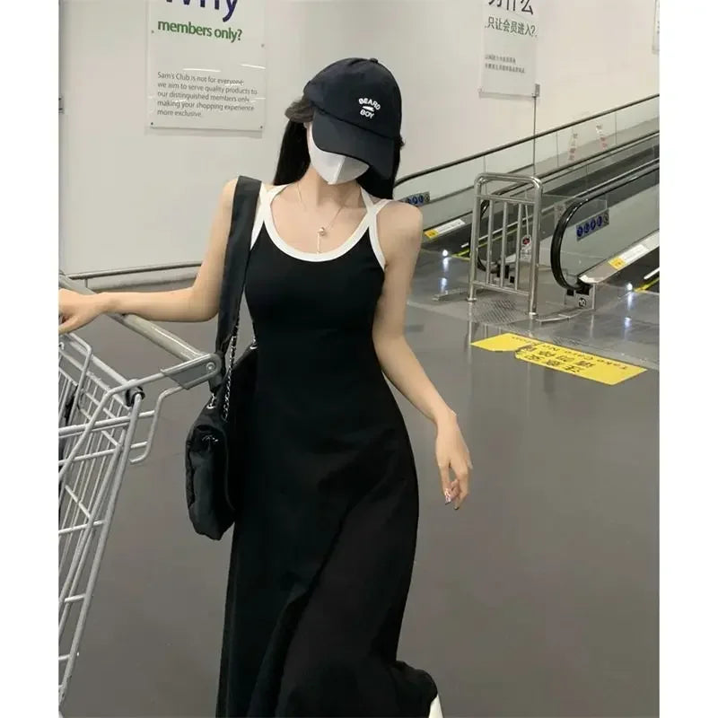 New Fashion Summer Black Loose Slip Dress Off Shoulder Solid Simplicity All-match Sleeveless Dress Temperament Women Clothing