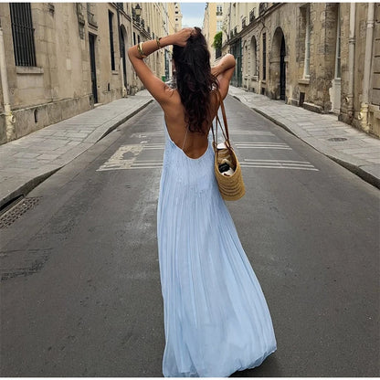 Fashion Solid Pleated Jumpsuit Women Chic Sleeveless U Neck Backless Loose Vacation Pants Set 2025 Summer Holiday Street Outfit