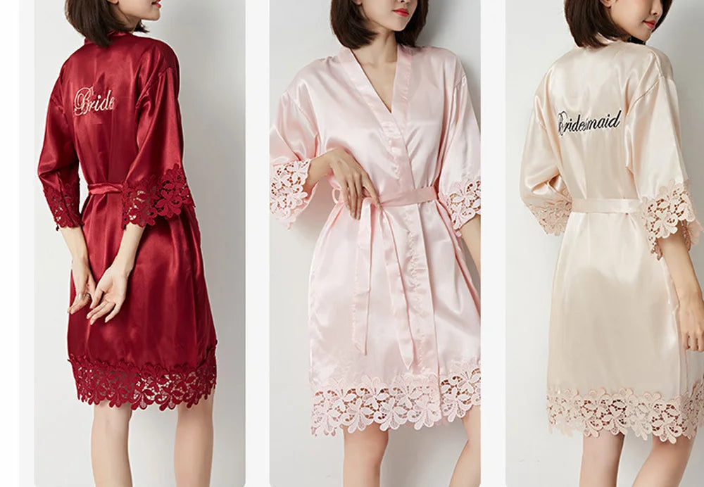 Wedding Embroidery Bride Bridesmaid Kimono Dresses Lace Gown Sexy Women Robes Home Gown Bathrobe Short Night Shirts Sleepwear1PC