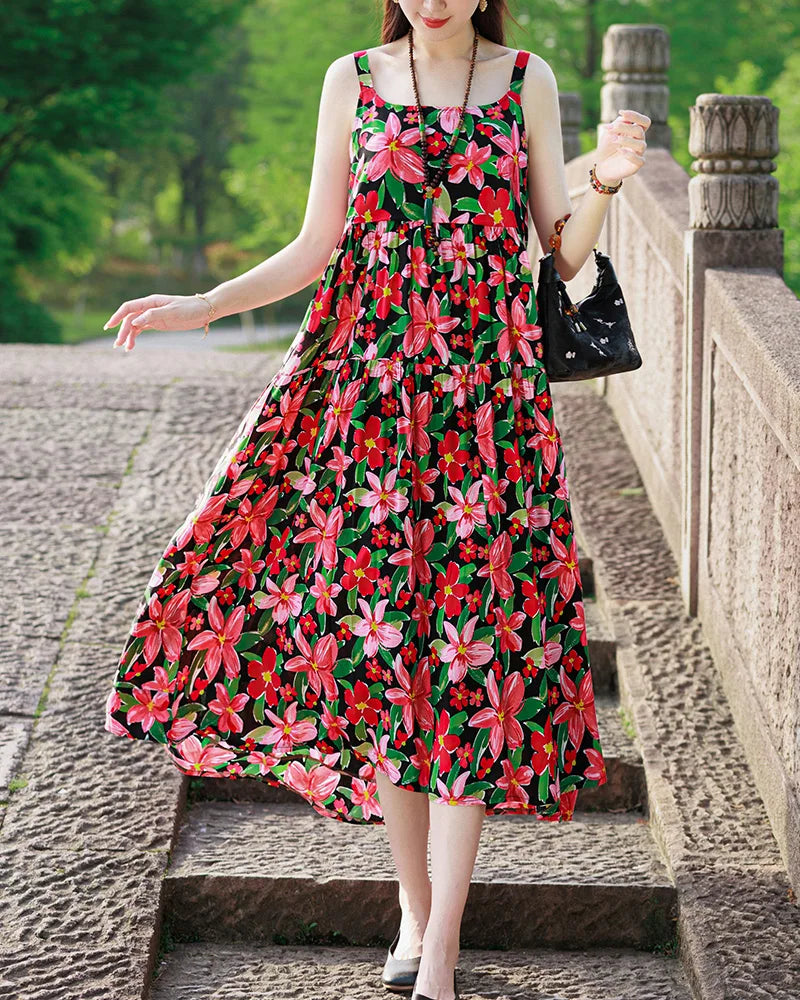 New Fashion Casual 2025 Summer Elegant Dresses For Women O-Neck Print Vintage Sleeveless Dress Loose Women Clothing color 5