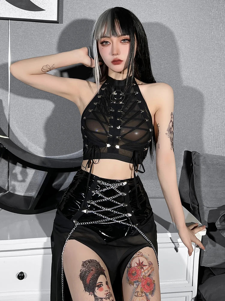 Gothic Punk Ring Halter Top Bodycon Lace Up Crop Bandage Tank Tops Y2k Mesh T Shirt Exotic Vest Sexy Hollow Out Backless Caims