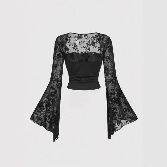 Design Sensation Lace Splicing Long Sleeve Mesh T-Shirt Sexy Elegant Style Full Sleeve Square Collar Polyester Fiber Top