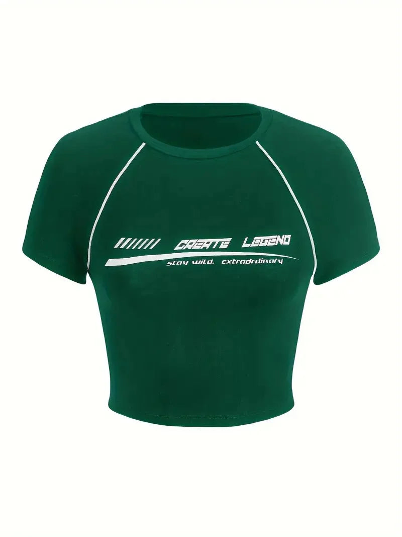 Monogram print crewneck crop top T-shirt, spring/summer casual short-sleeved top, women's green