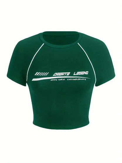 Monogram print crewneck crop top T-shirt, spring/summer casual short-sleeved top, women's green