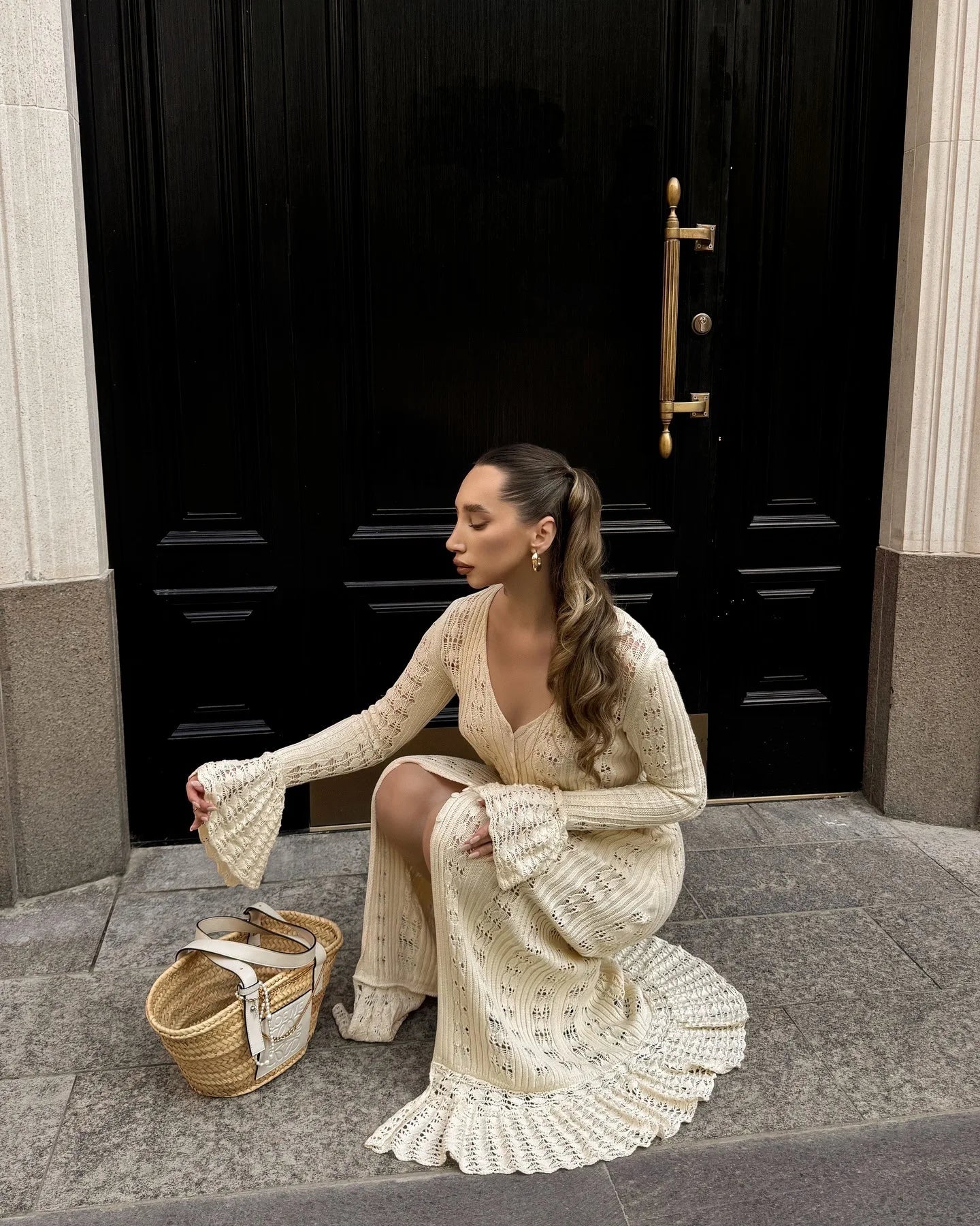 DSMTRC 2025 Holiday Knitted See-throught Cardigan Dress V Neck Long Flare Sleeves Leisure Long Trendy Single Breasted Autumn