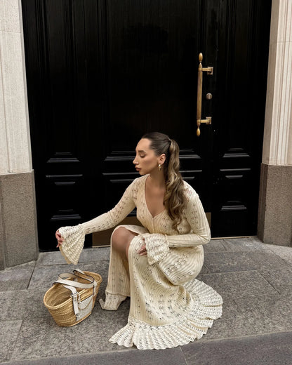 DSMTRC 2025 Holiday Knitted See-throught Cardigan Dress V Neck Long Flare Sleeves Leisure Long Trendy Single Breasted Autumn