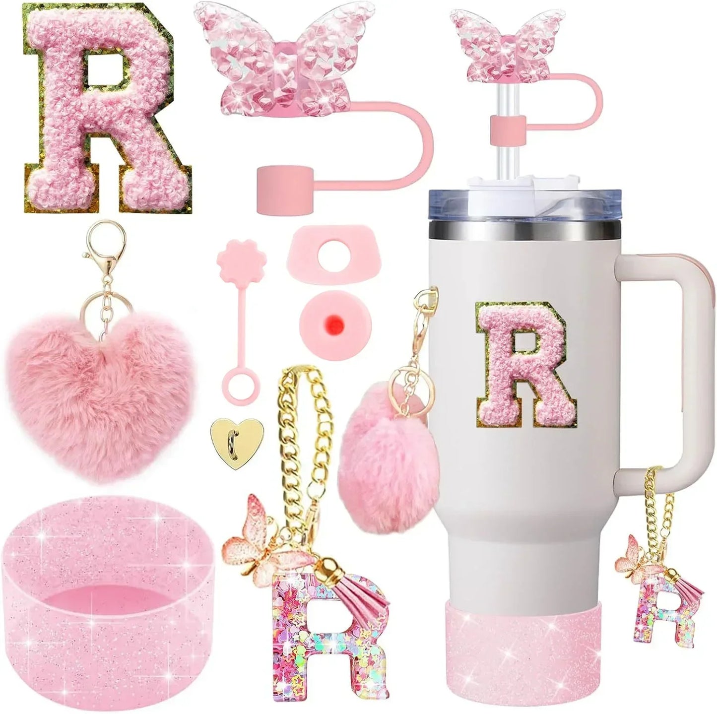 9PCS Accessory Set for Stanley Cup 30oz 40oz Butterfly Straw Cover Cap Silicone Boot Charm Initials Sticker Spill Proof Stopper Badiee Stylez