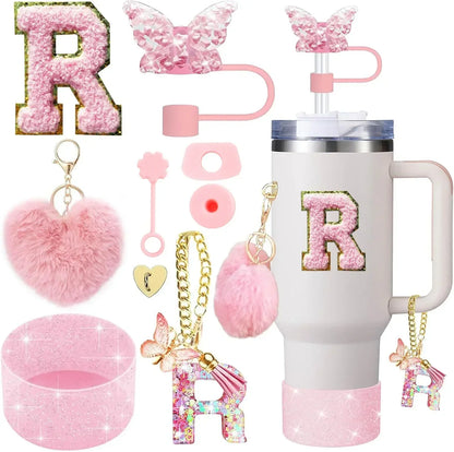9PCS Accessory Set for Stanley Cup 30oz 40oz Butterfly Straw Cover Cap Silicone Boot Charm Initials Sticker Spill Proof Stopper Badiee Stylez